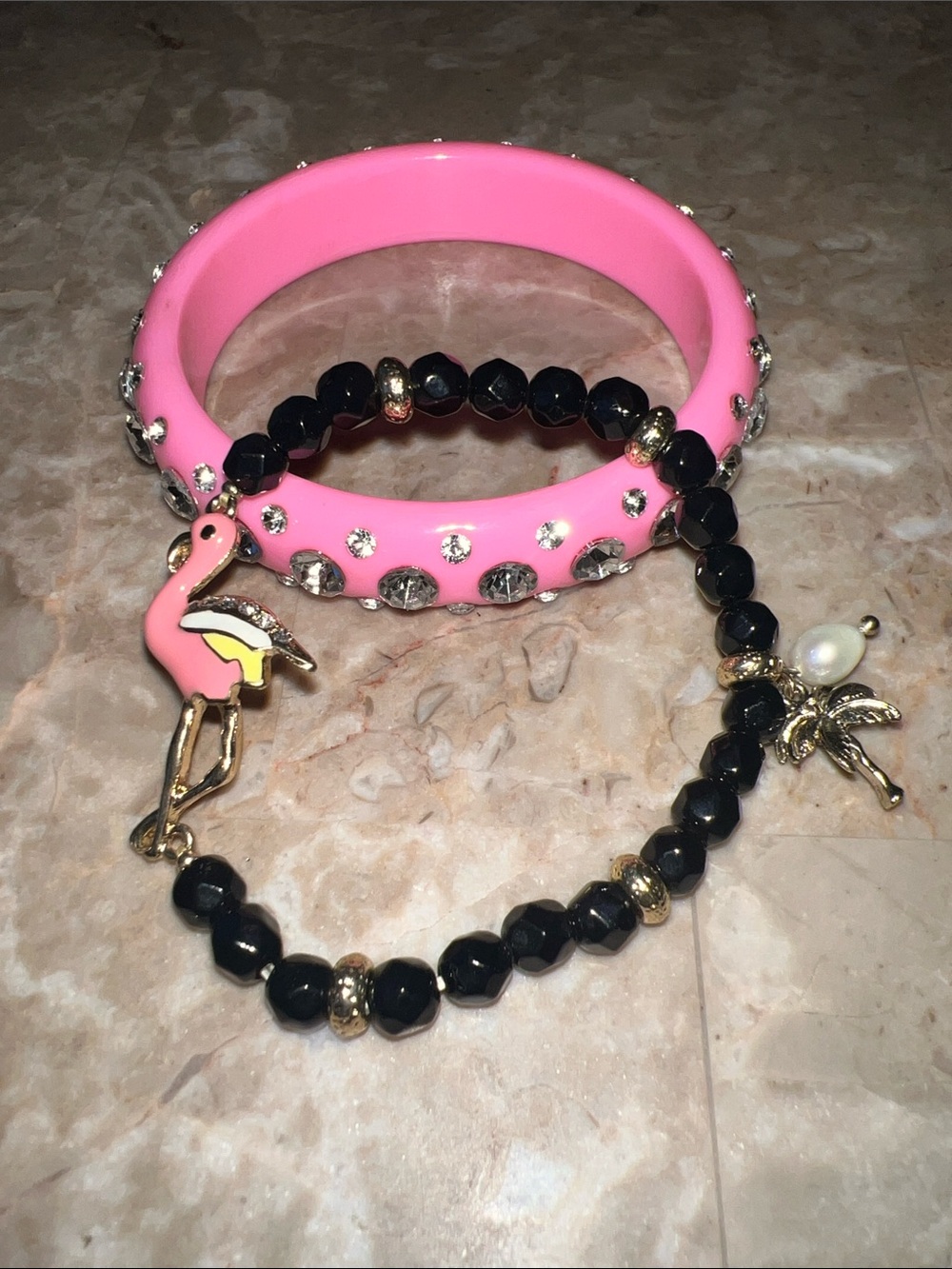 Pink Rhinestone Bangle with Black Beaded Flamingo Bracelet Set NWOT